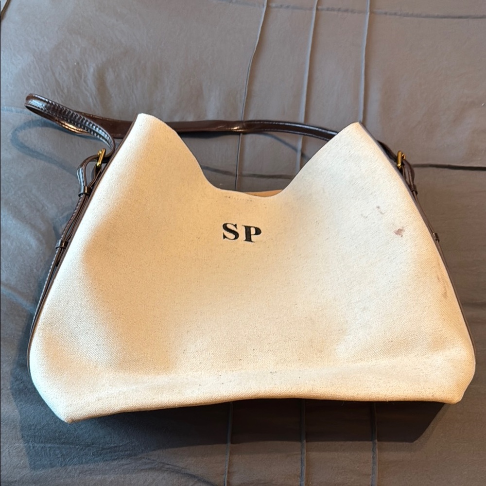 Zara Canvas and Leather Tote Bag - Cream and Brown